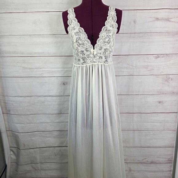 Shadowline Nightgown Womens Medium Ivory Lace Bodice Long Maxi Sleepwear V-Neck - Picture 1 of 16